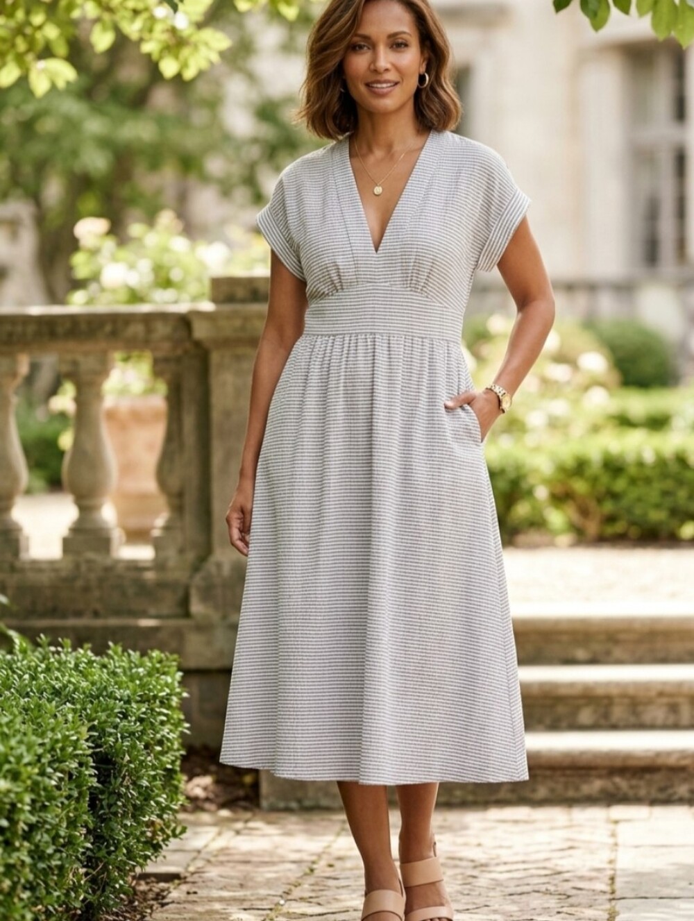 Classic V-Neck Midi Dress in Light Gray Stripe